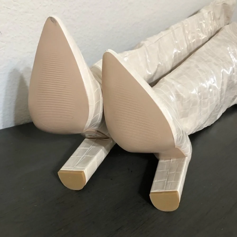PrettyLittleThing Boots Cream Pu Croc Thigh High Point Block Heels Trendy Sexy